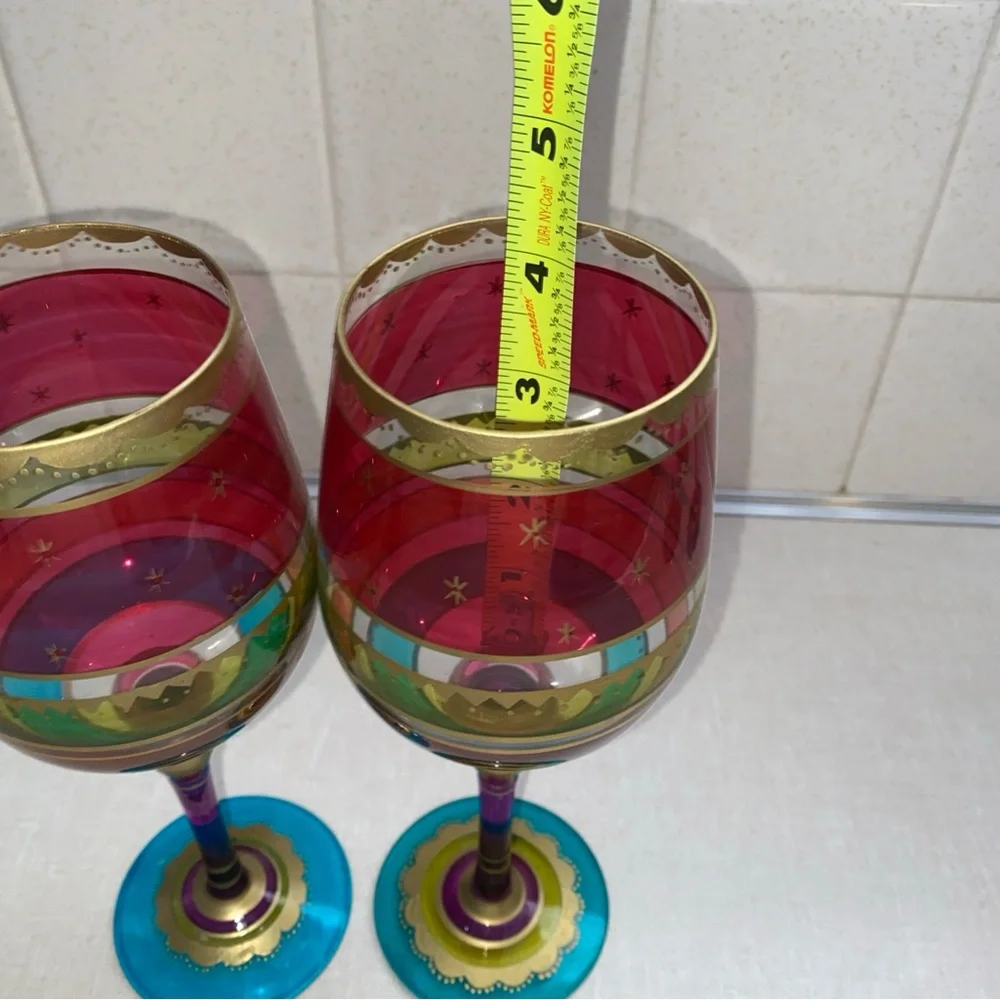 Pier 1 Festive Holiday Stripe Red Gold Purple Blue Wine Glass Set Hand‎ Painted